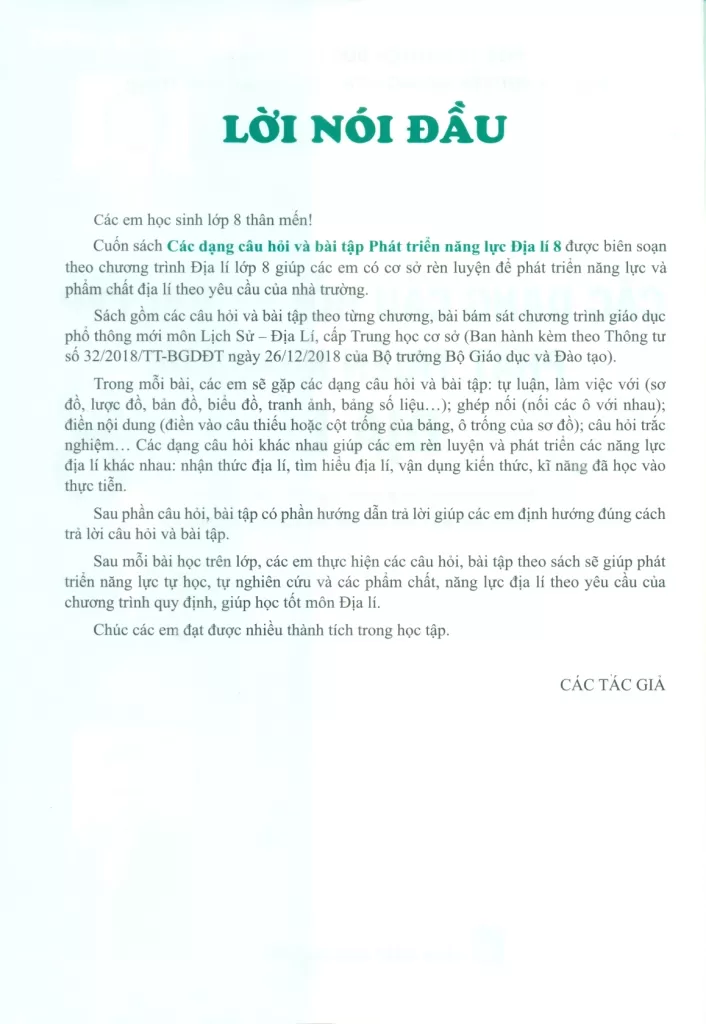 CÁC DẠNG CÂU HỎI VÀ BÀI TẬP PHÁT TRIỂN NĂNG LỰC ĐỊA LÍ LỚP 8 (Dùng chung cho các bộ SGK hiện hành)